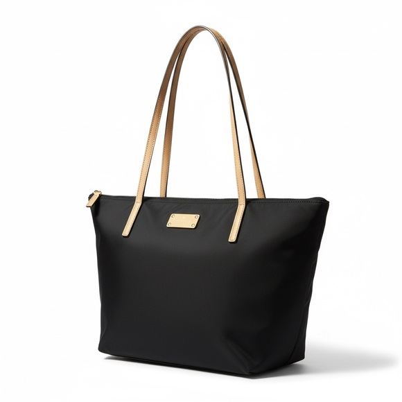 kate spade Handbags - Kate Spade Black Tote Bag with Tan Leather Handles